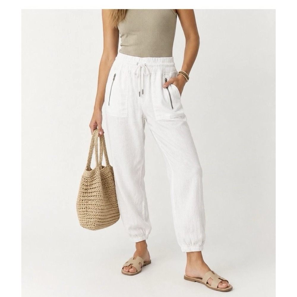 Athleta Cabo Linen Jogger Pants White Coastal Travel Zip Pockets Women's Size 14